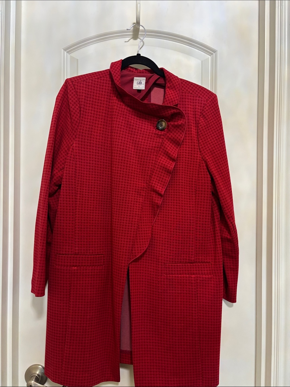 Cabi celebration jacket.  Red Houndstooth Trench Coat with Asymmetric Collar